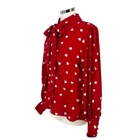 Unique Vintage Gwen Red White Heart Print Blouse Puff Sleeve Size Large - Picture 4 of 12